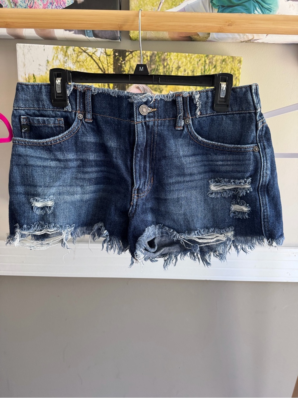 KanCan Medium-Dark Blue Distressed Frayed Hem Denim Shorts